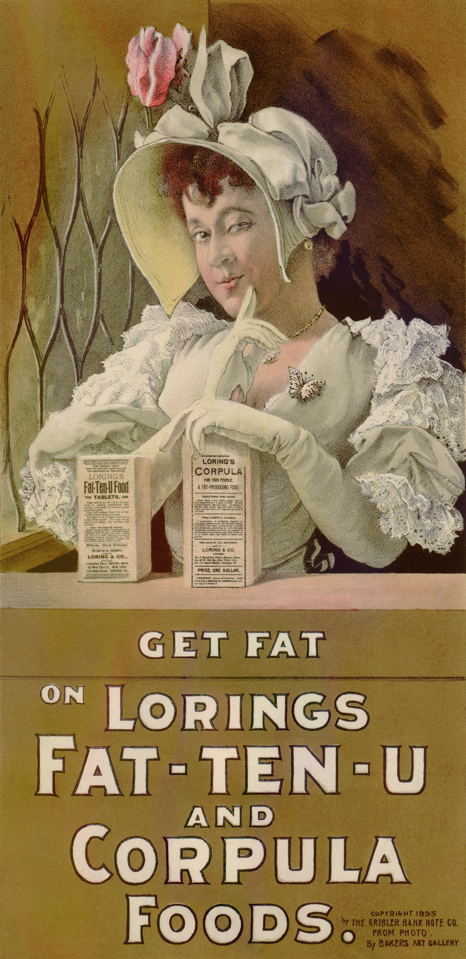 Advertisement showing young woman with package of Loring's Fat-Ten-U from 1895